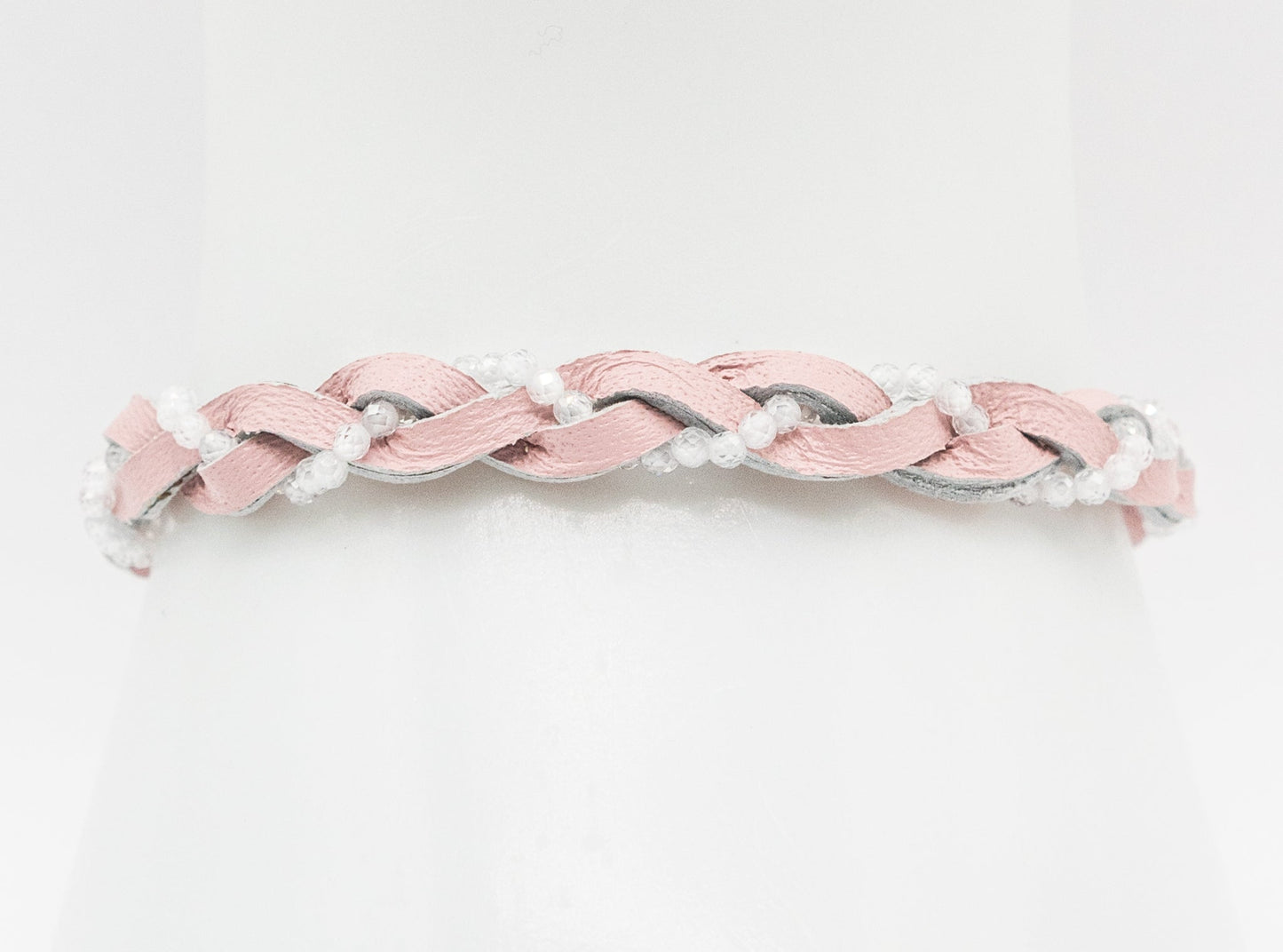 Pink Leather and Clear Natural Crystal Braid Bracelet