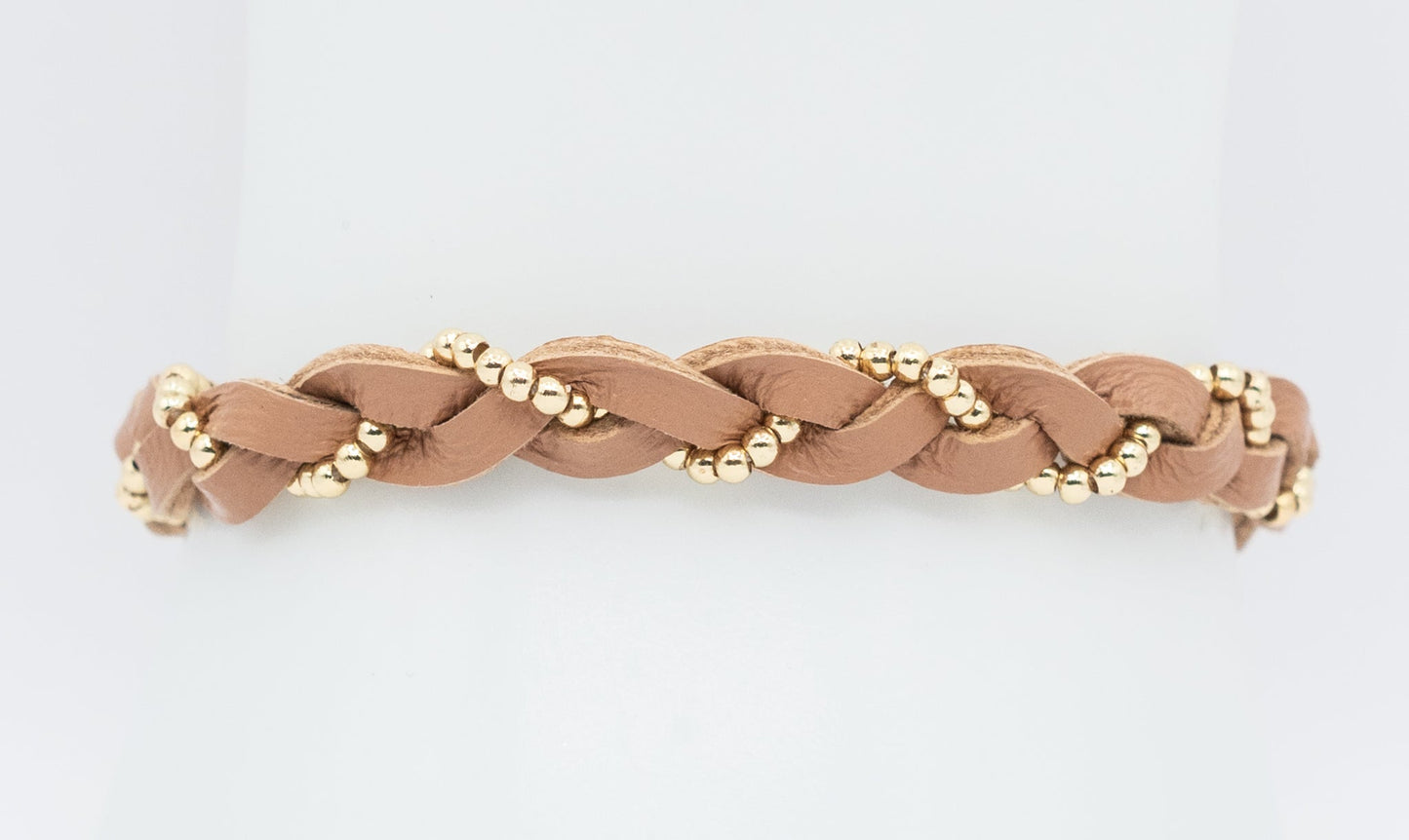 Tan Leather and Yellow Gold-filled Braid Bracelet