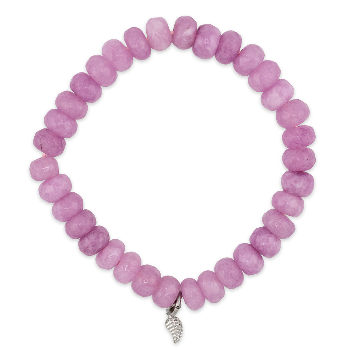 A beaded stretch bracelet made of faceted light purple beads with a small silver leaf charm at the bottom, displayed on a clean white background.