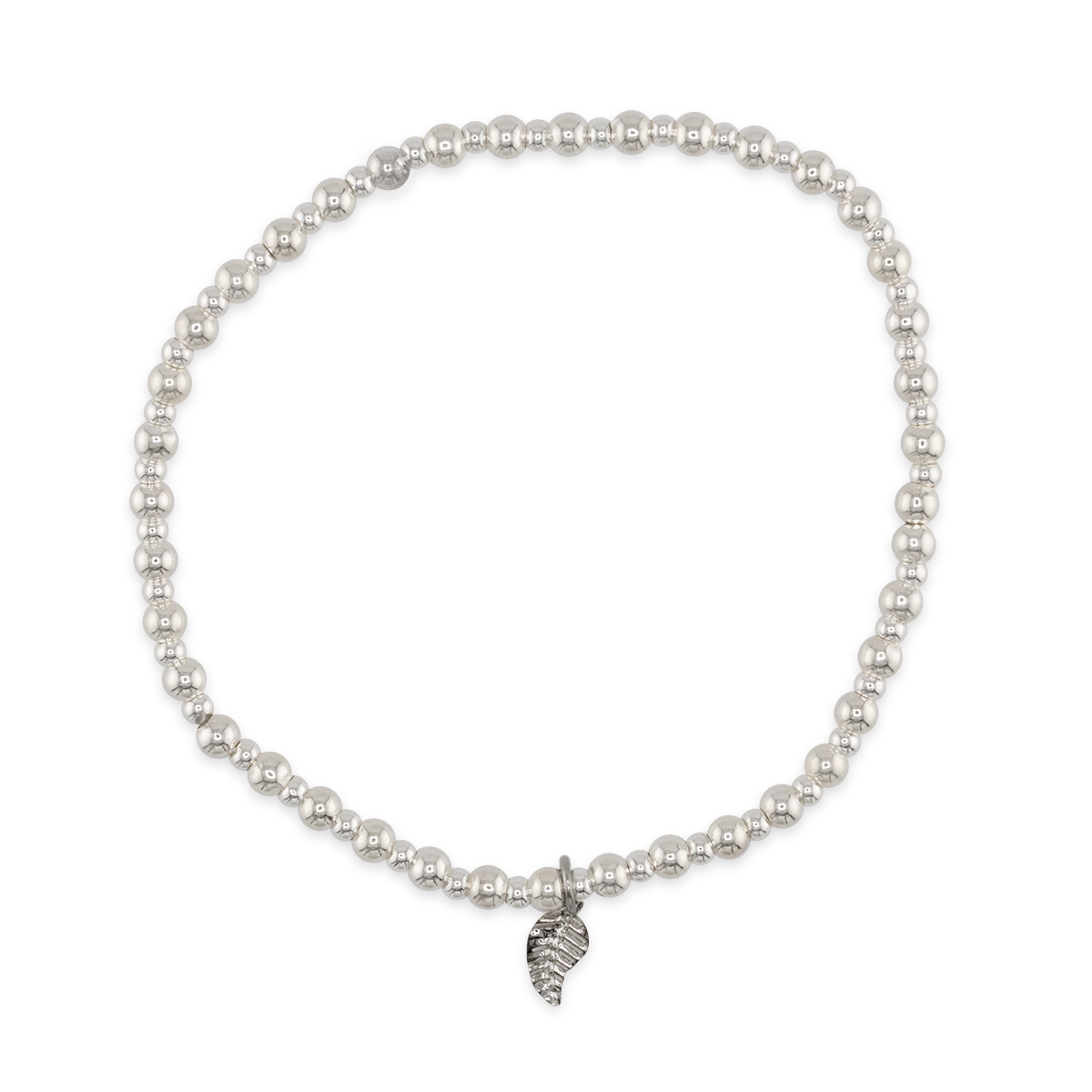 silver bracelet with a silver leaf charm on a white background