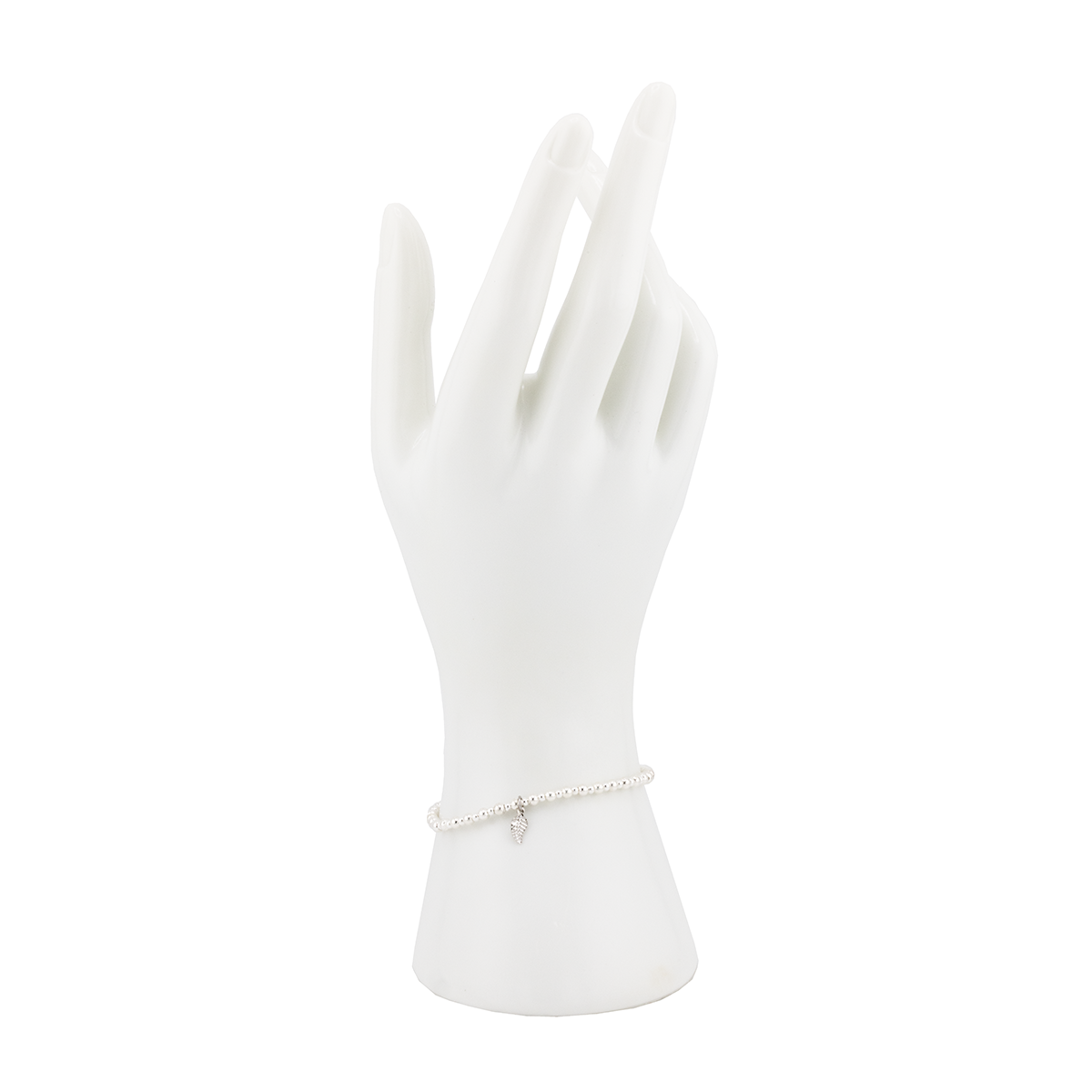 Mannequin hand wearing a silver bracelet on a white background