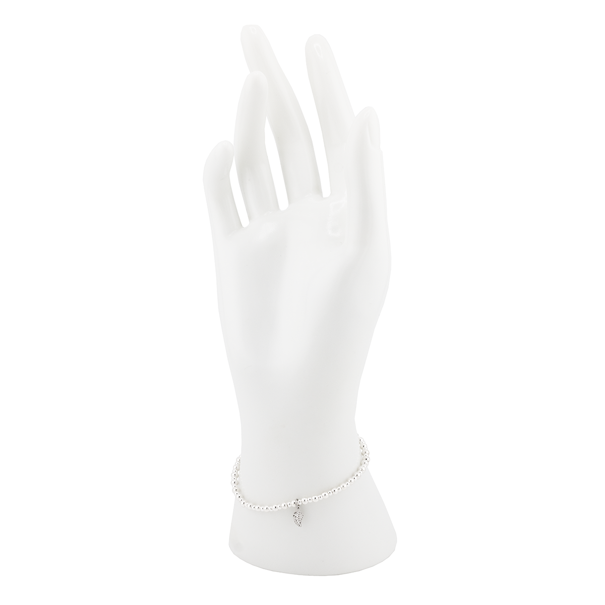 White gloves on a white mannequin with a silver bracelet.