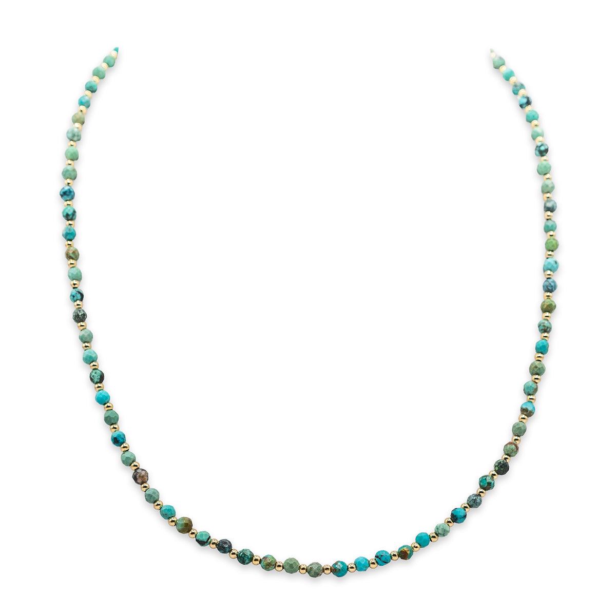 Necklace with turquoise and gold beads on a white background