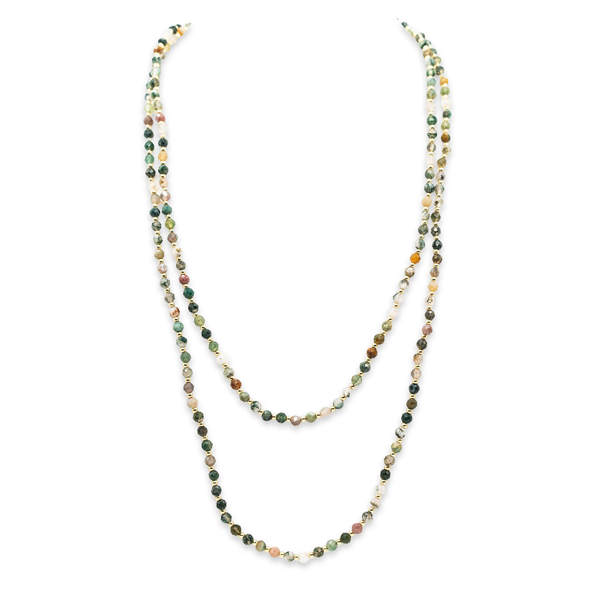 Multicolored beaded necklace on a white background