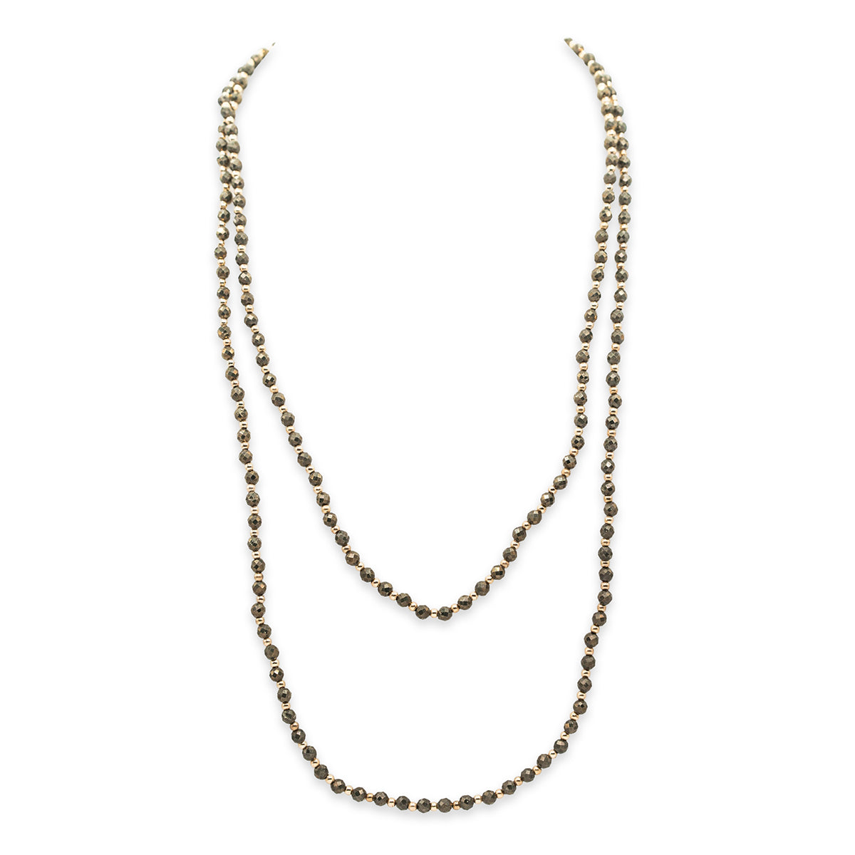 Long beaded necklace on a white background