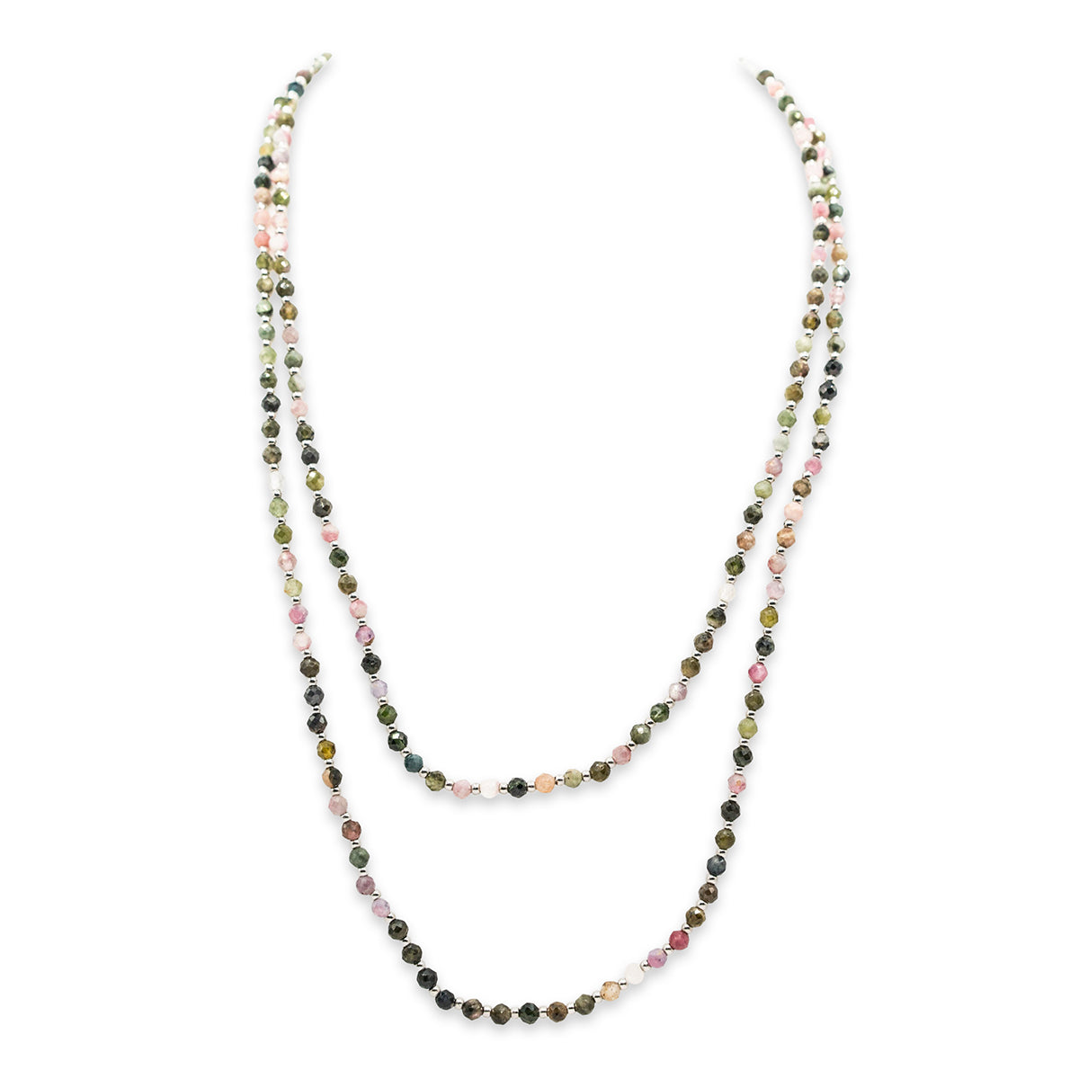 Multicolored beaded necklace on a white background