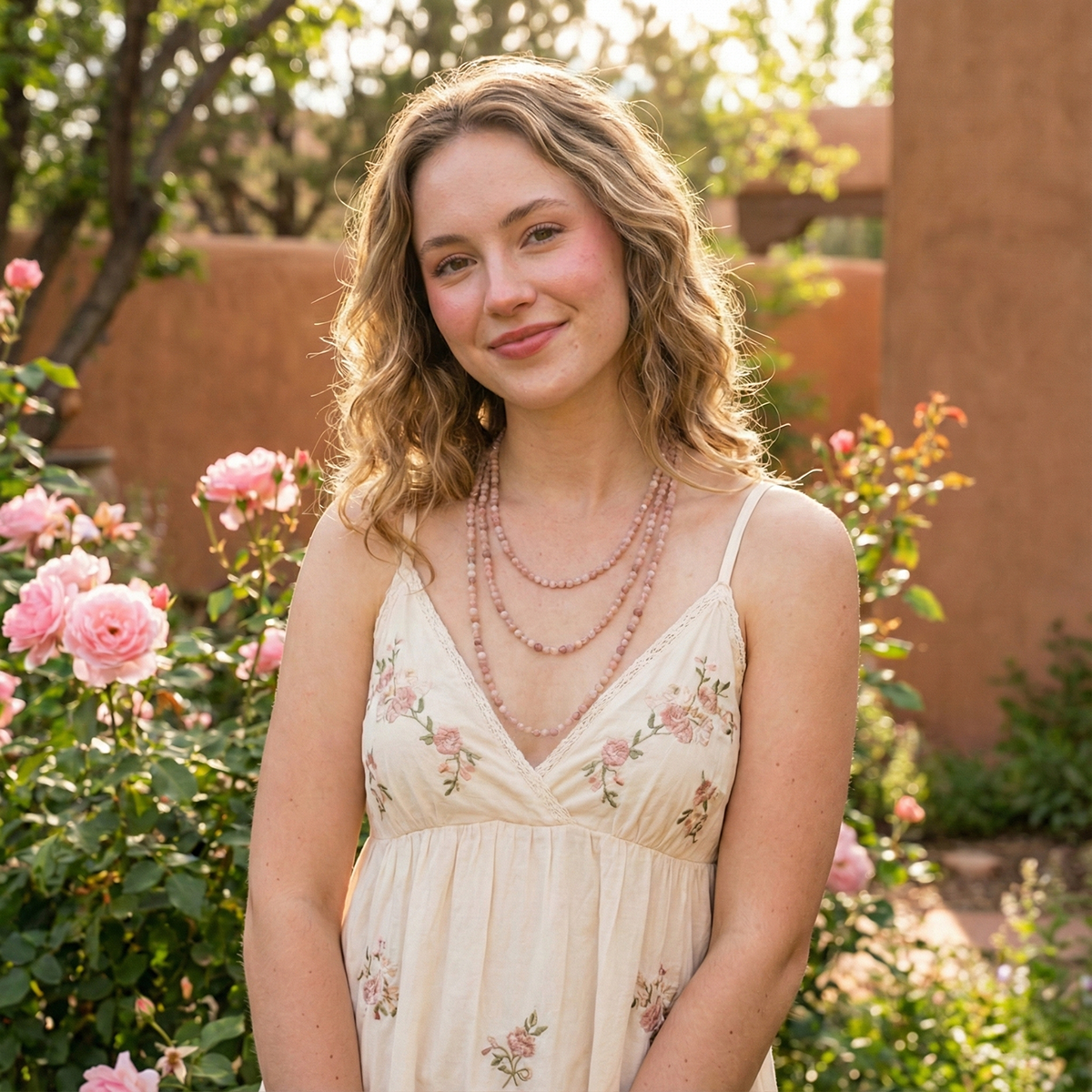 Woman in a floral dress standing in a garden with flowers and a building in the background