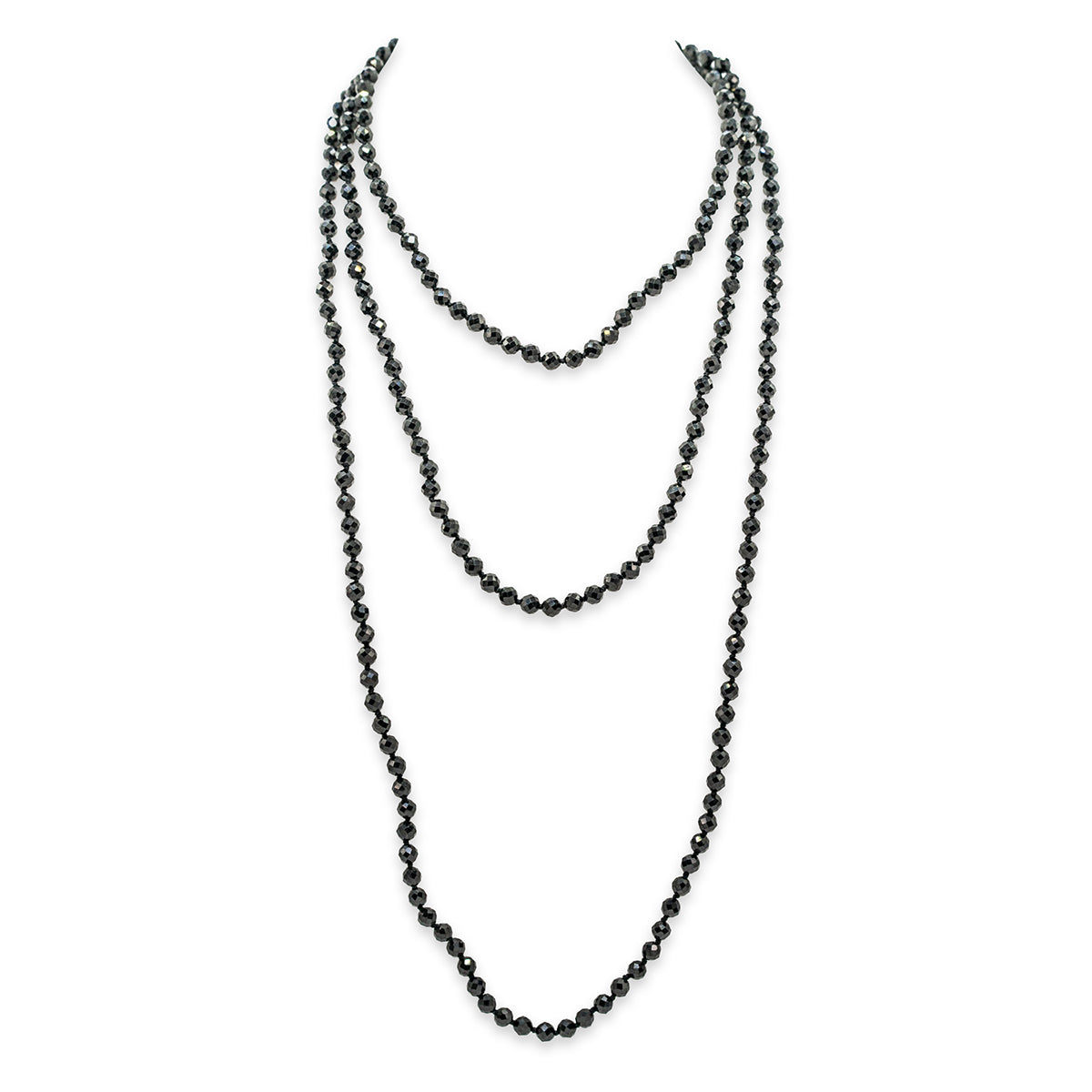 Black beaded necklace on a white background