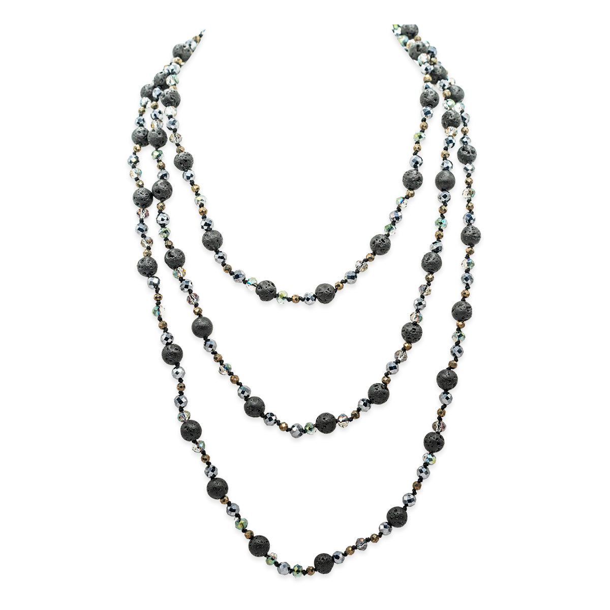 Multistrand beaded necklace with black and gray beads on a white background