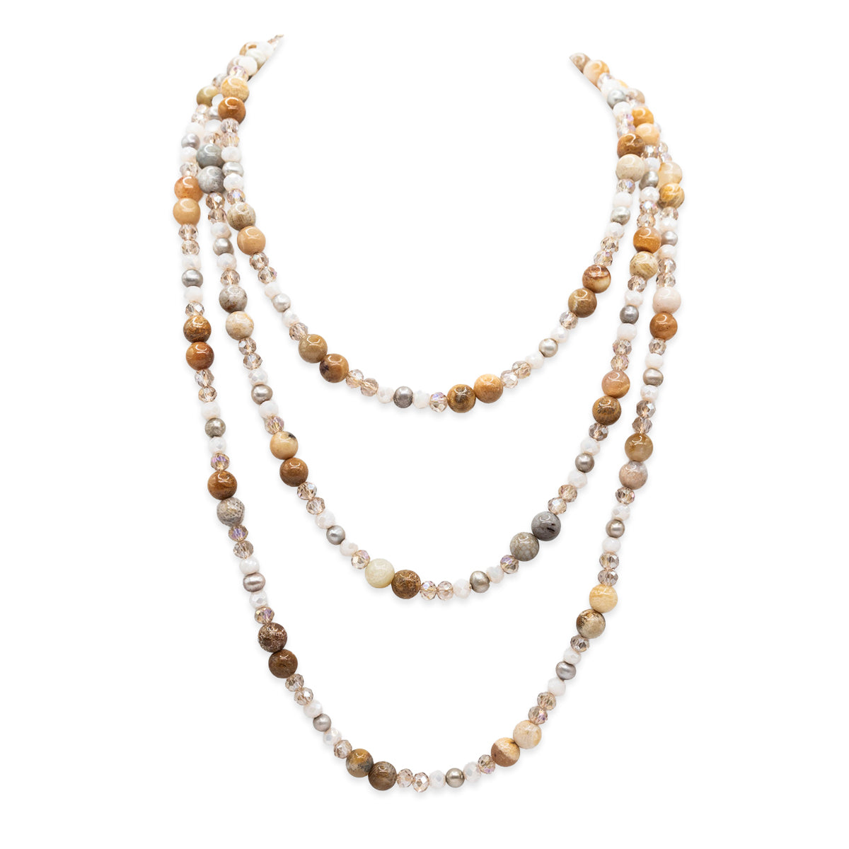 Multistrand beaded necklace with natural-colored beads on a white background