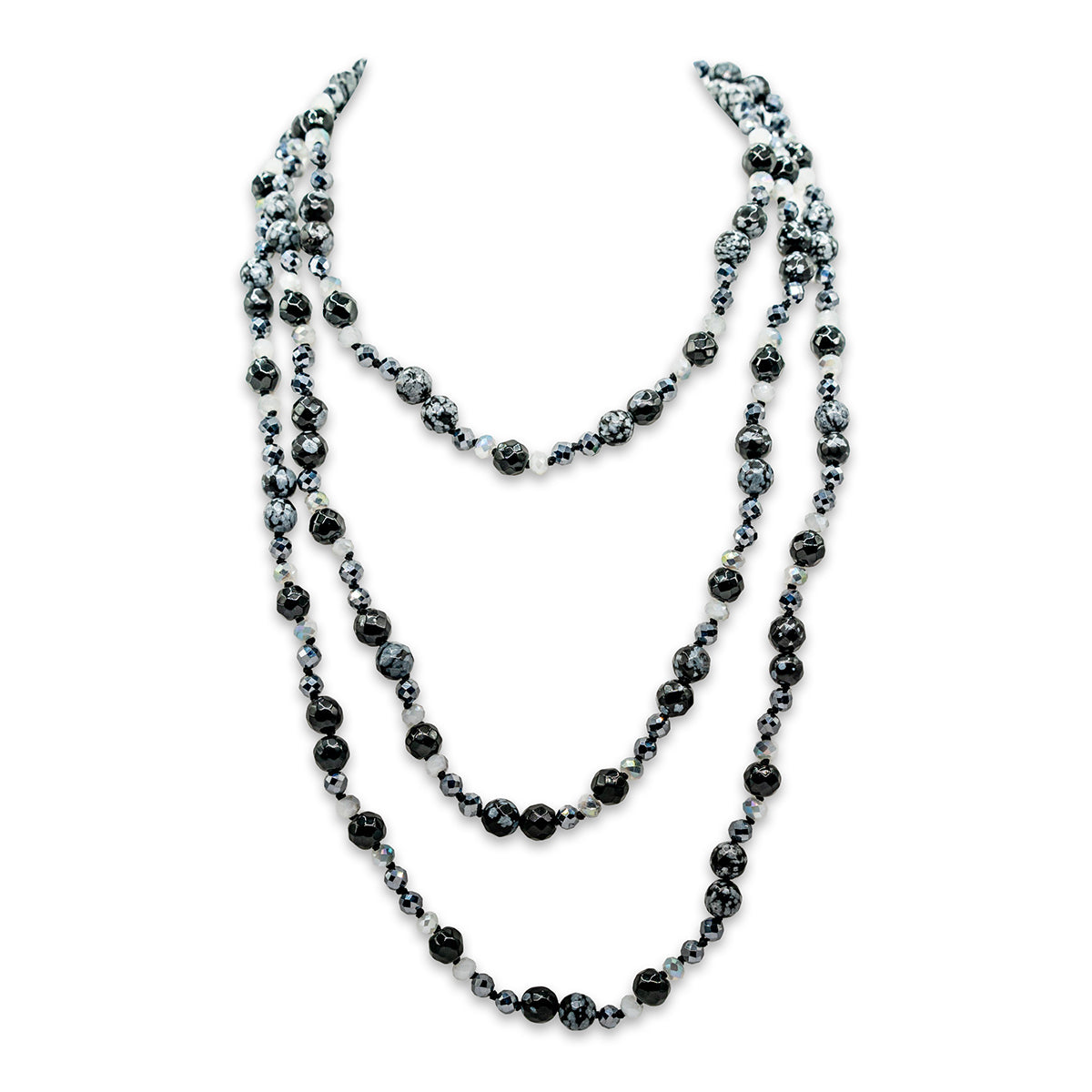 beaded necklace with black and silver beads on a white background