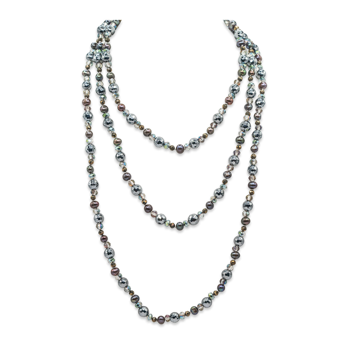 Multicolored beaded necklace on a white background