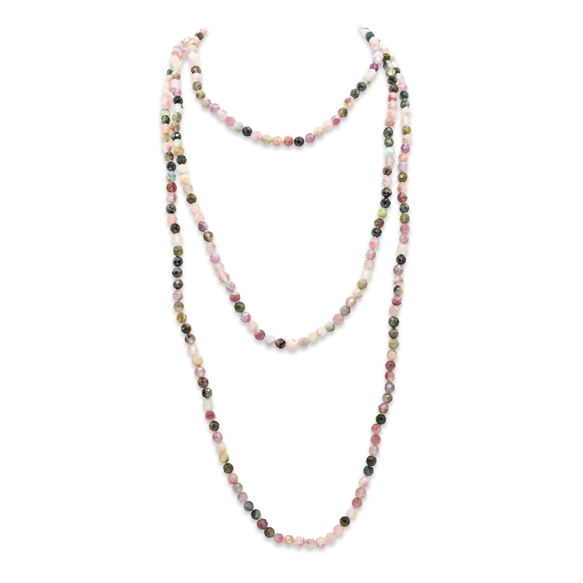 Multicolored beaded necklace on a white background