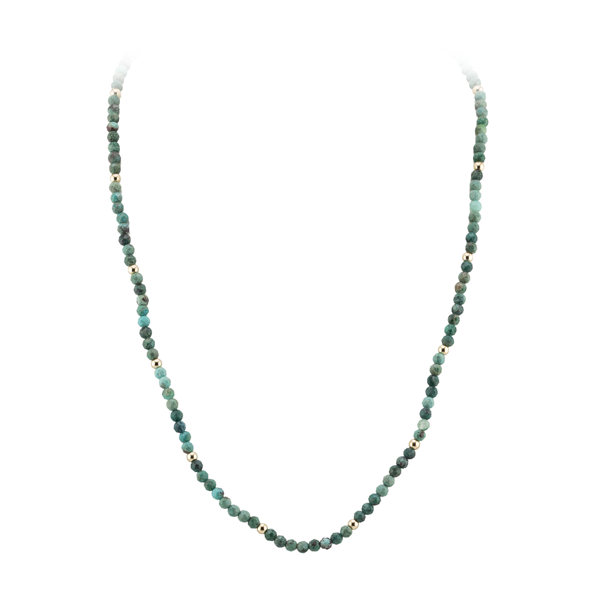 Green beaded necklace on a white background