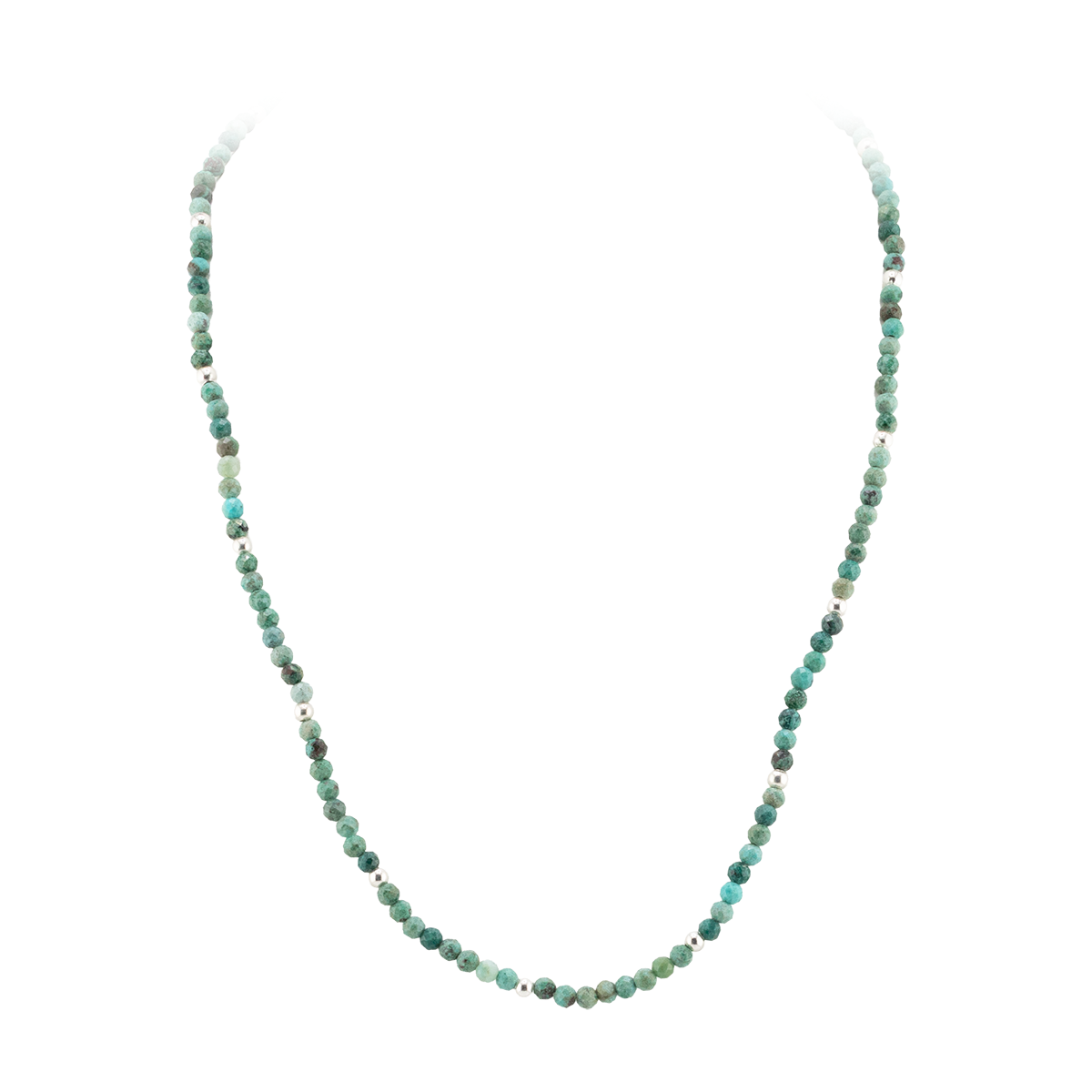 Necklace with green beaded chain on a white background