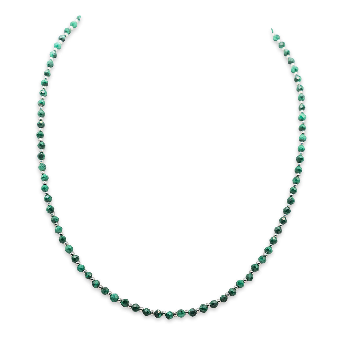 Green beaded necklace on a white background