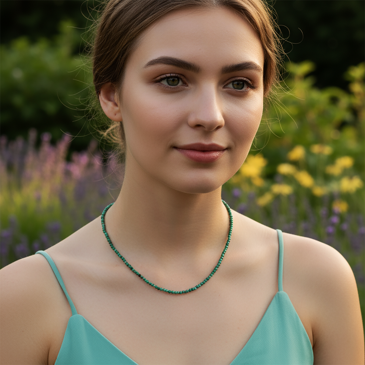 Woman wearing a green necklace in a natural setting with flowers