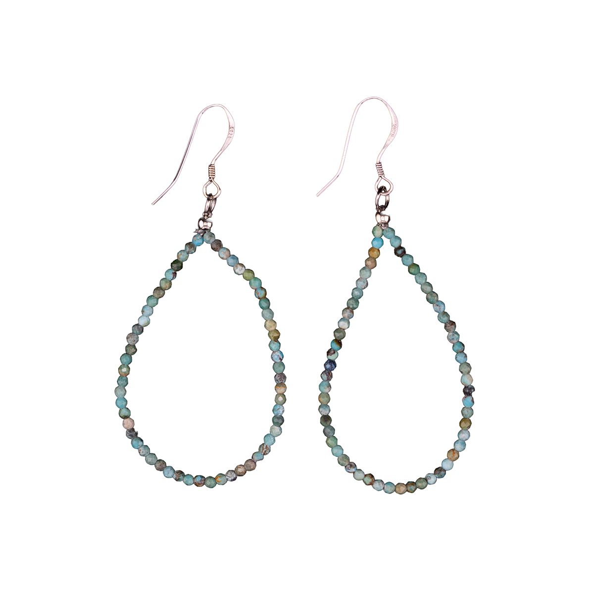 Teardrop-shaped beaded earrings on a white background