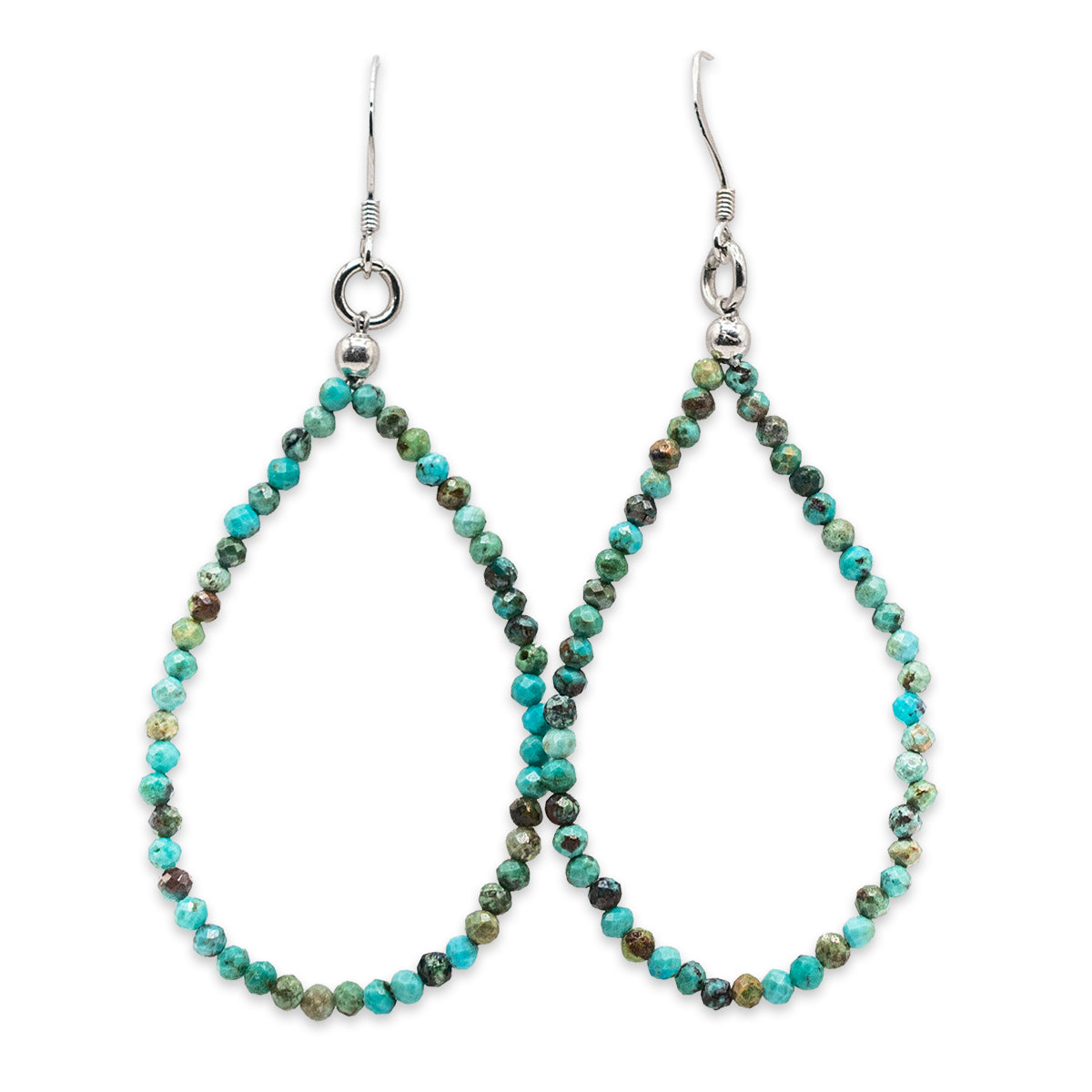 Beaded earrings with green and brown stones on a white background