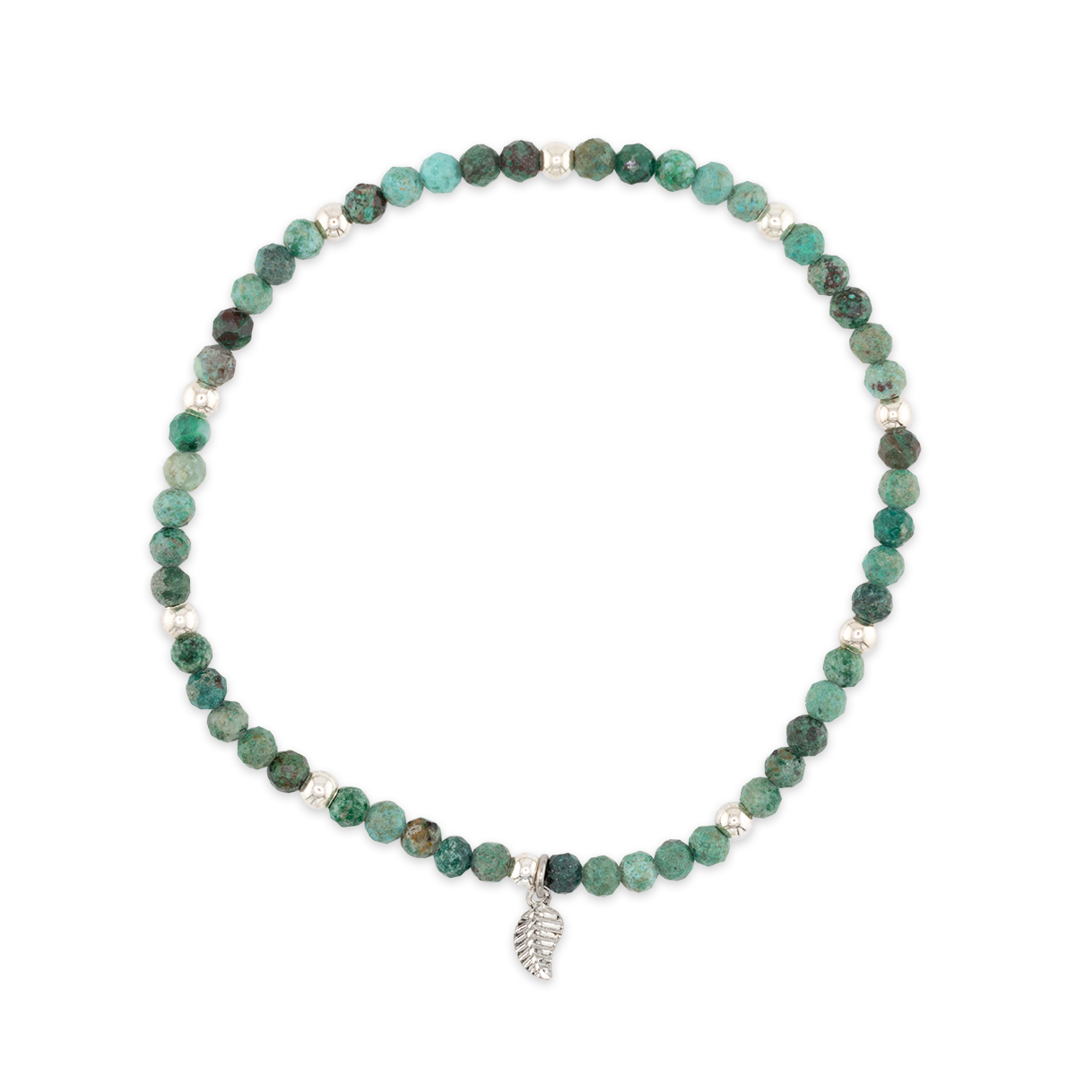 Green beaded necklace with a silver leaf charm on a white background