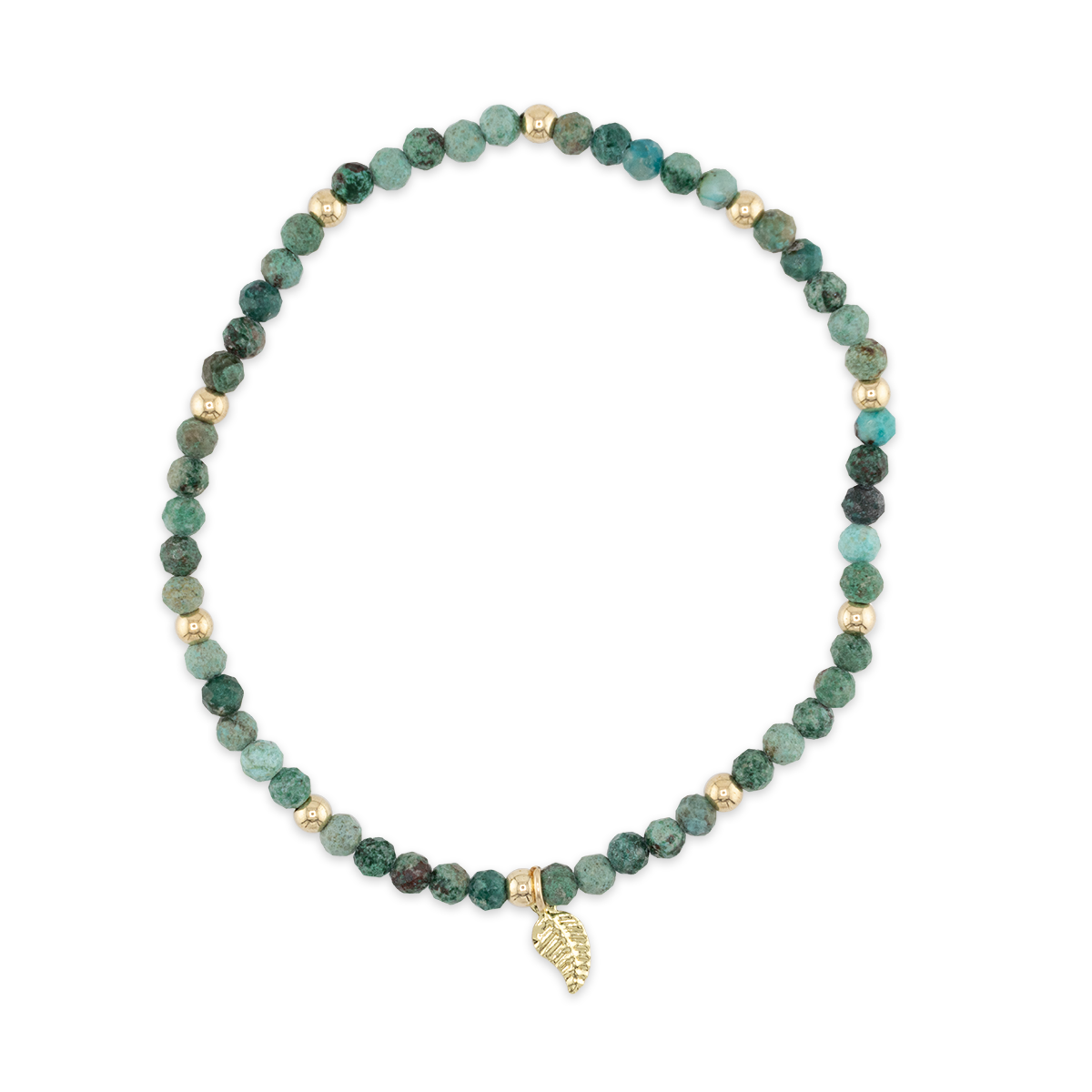 Green beaded necklace with a gold clasp on a white background