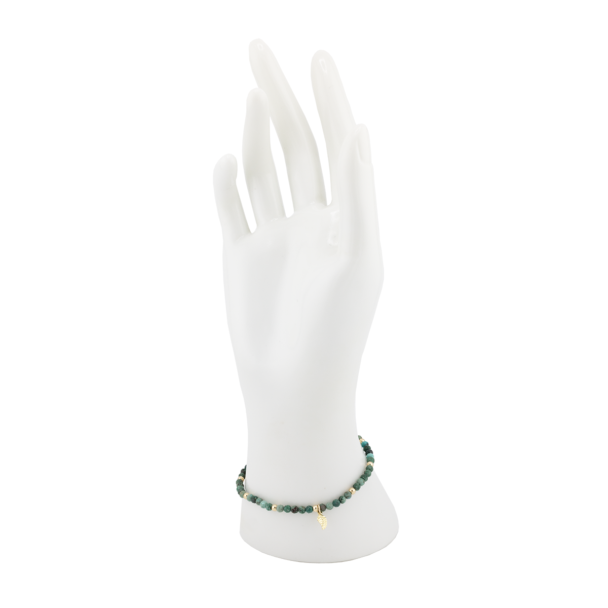 Mannequin hand wearing a beaded bracelet on a white background