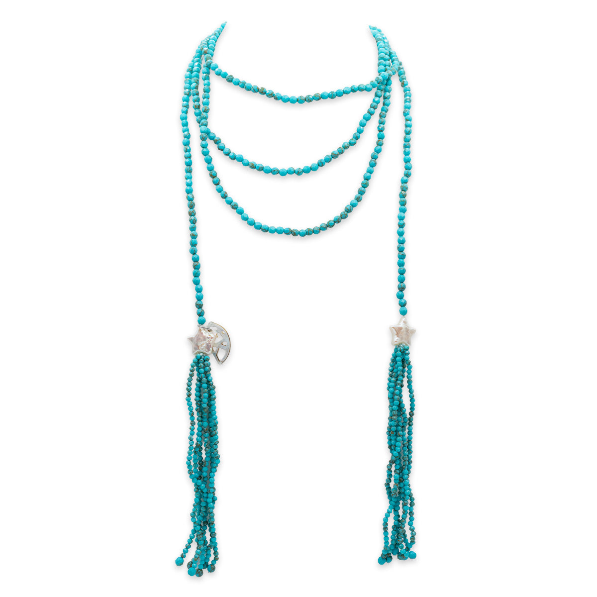 Turquoise beaded necklace with tassels on a white background