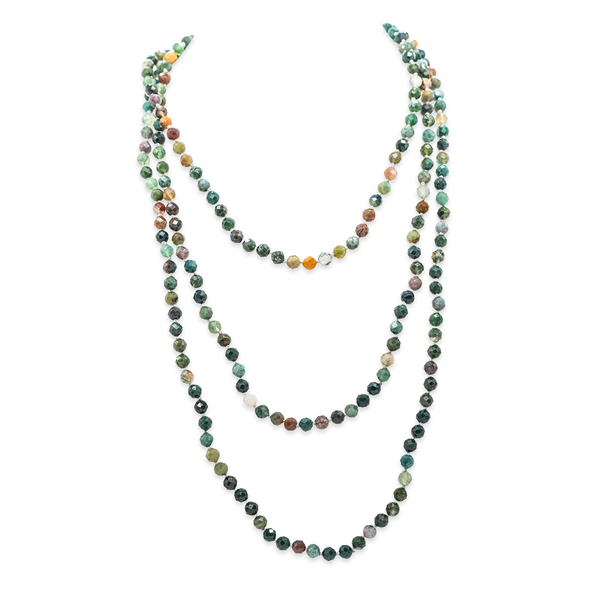 Multicolored beaded necklace on a white background