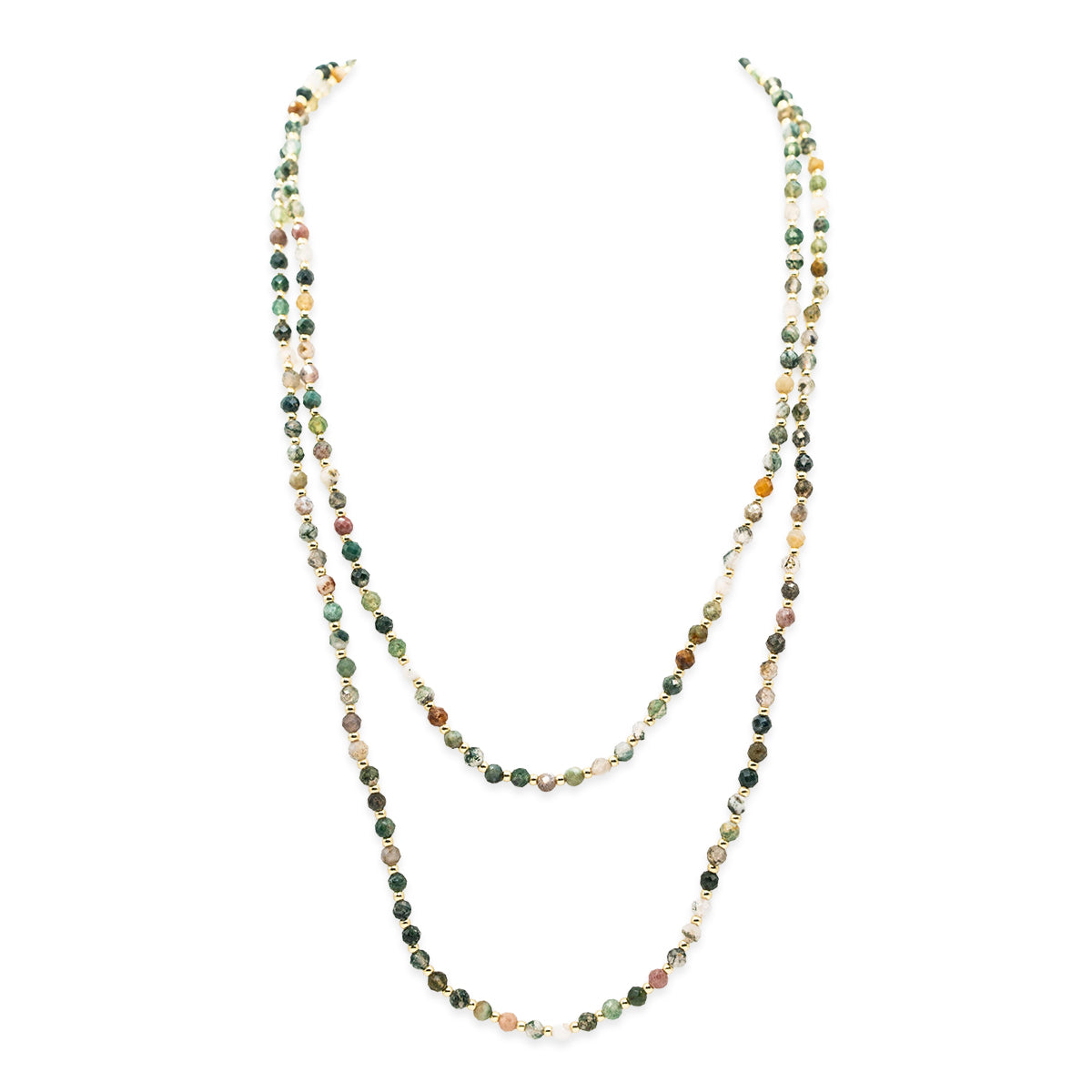 Multicolored beaded necklace on a white background