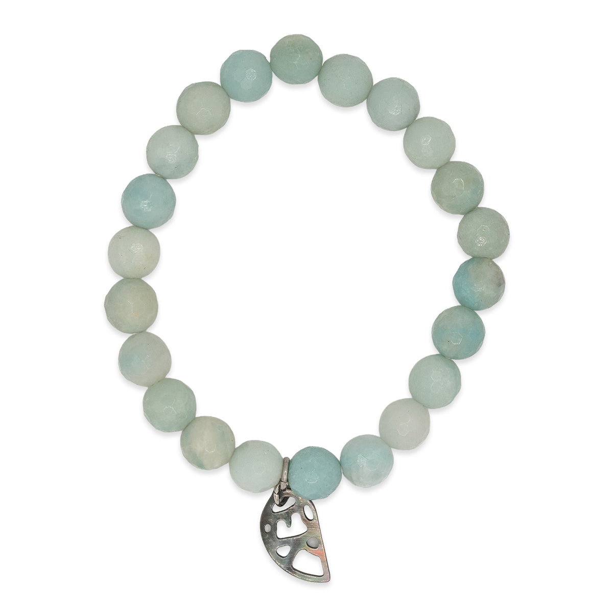 Bracelet with light blue beads and a silver charm on a white background