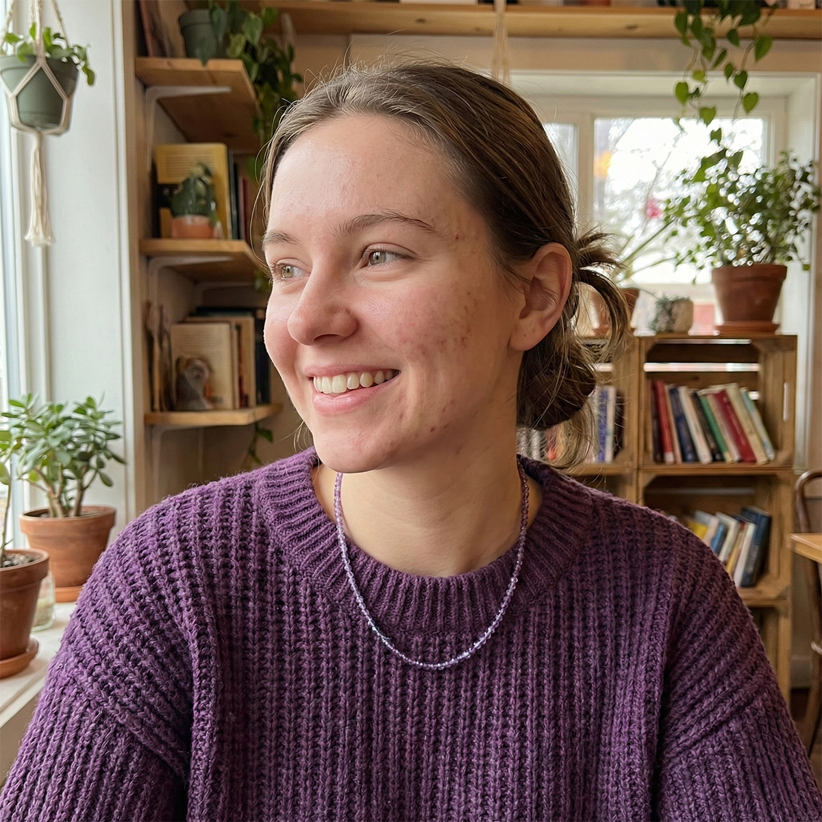 Woman wearing a purple sweater in a cozy room with plants and bookshelves.