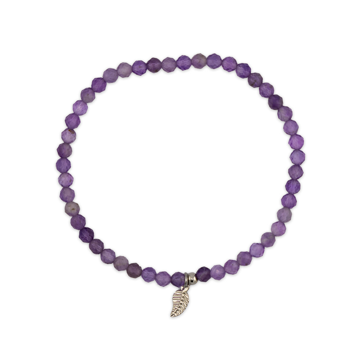 Purple beaded bracelet with a silver leaf charm on a white background
