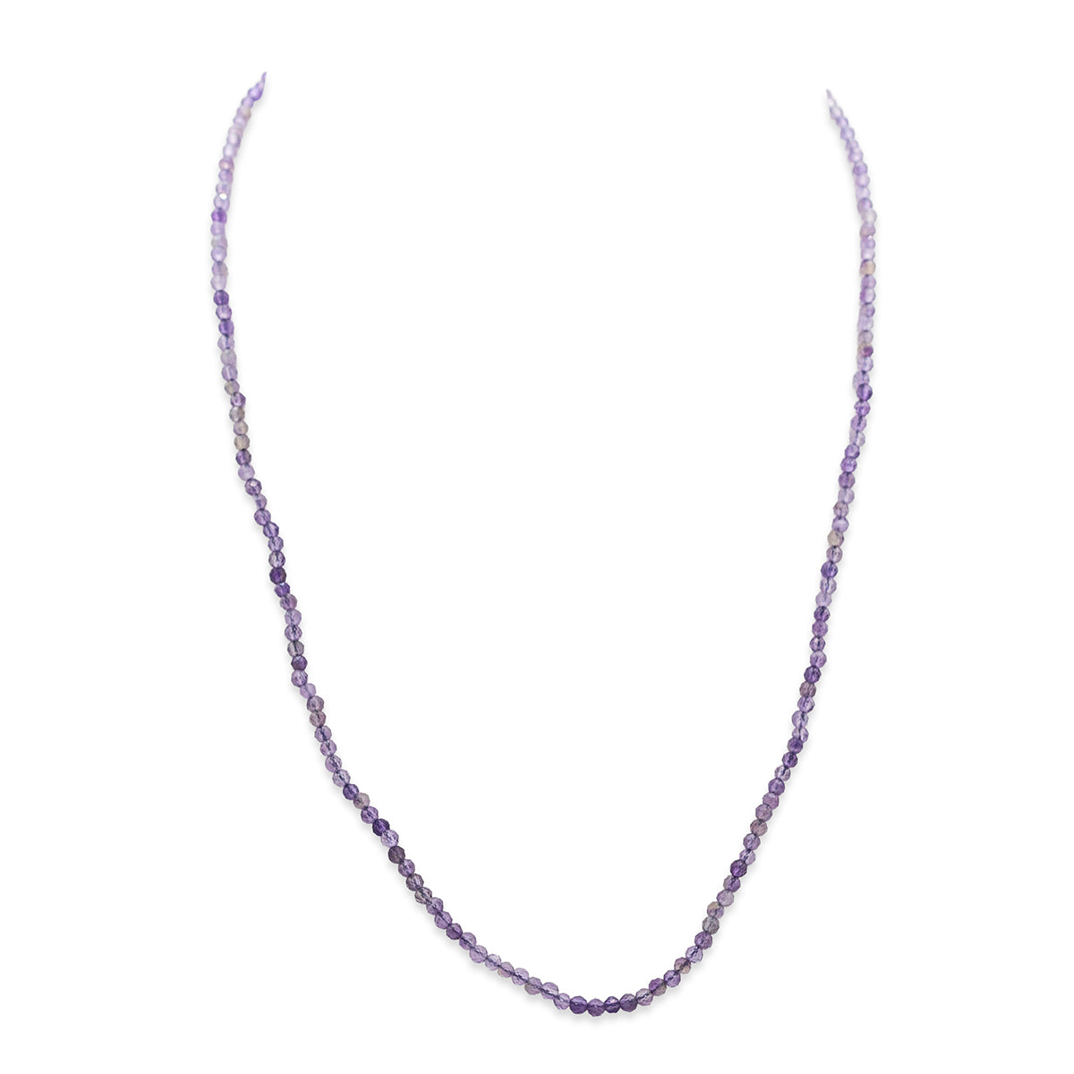 Purple beaded necklace on a white background