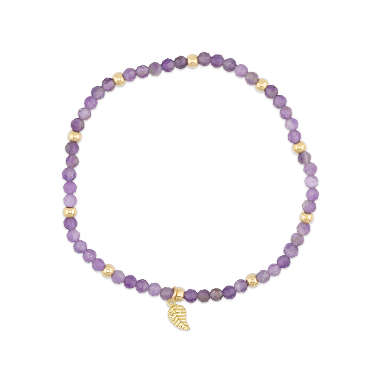 Purple beaded bracelet with a gold leaf charm on a white background