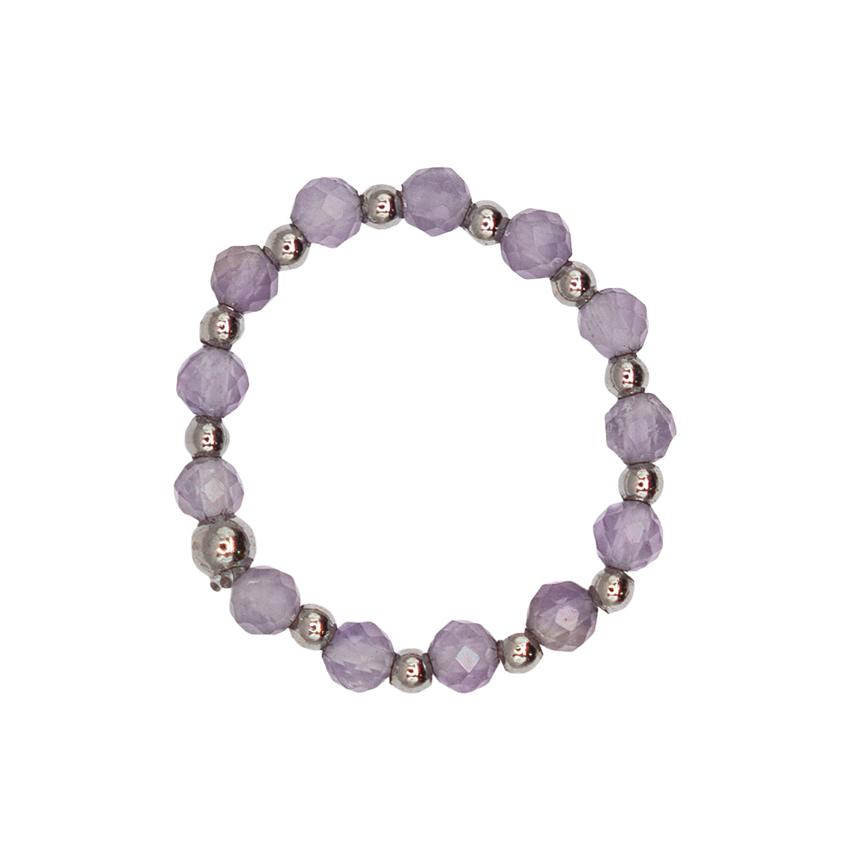 Purple beaded ring with silver accents on a white background