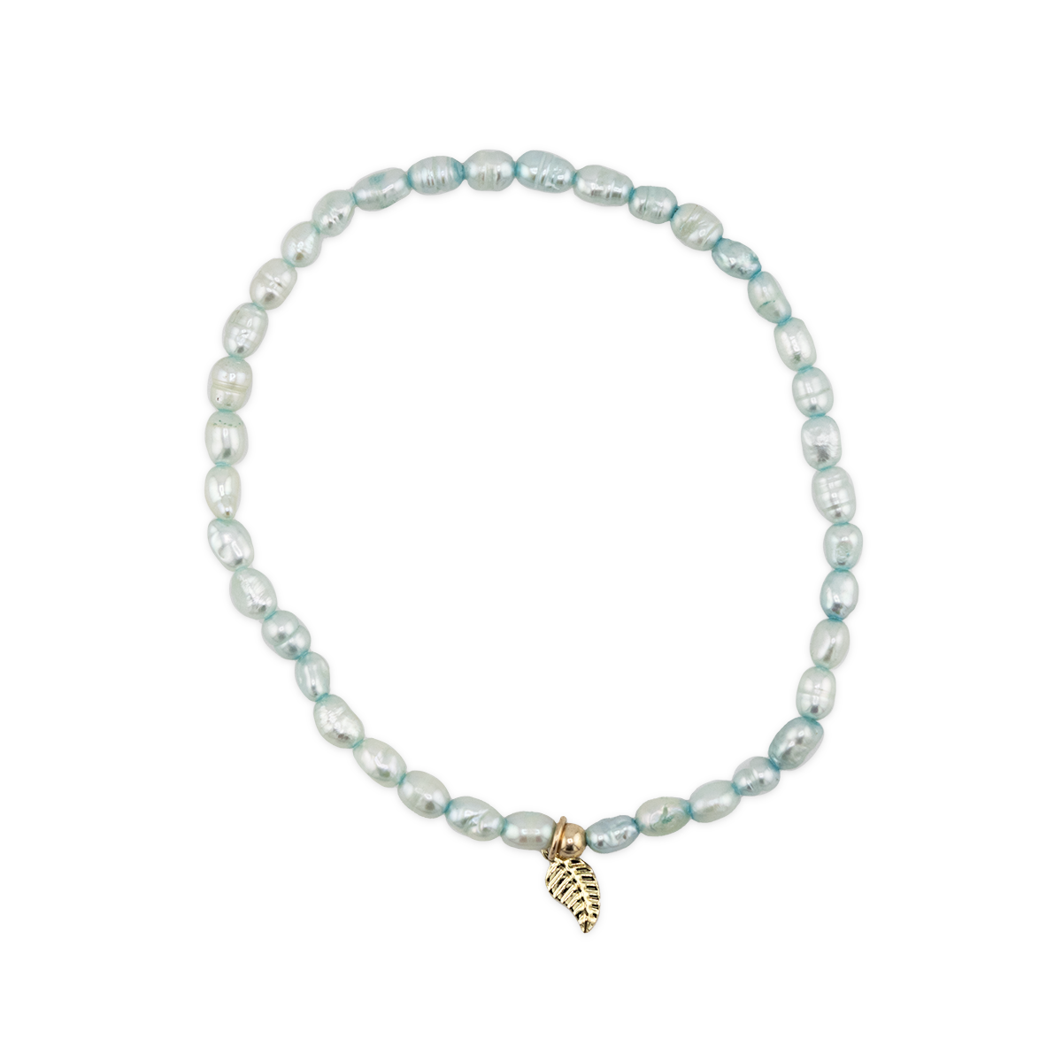 Pearl bracelet with a gold leaf charm on a white background