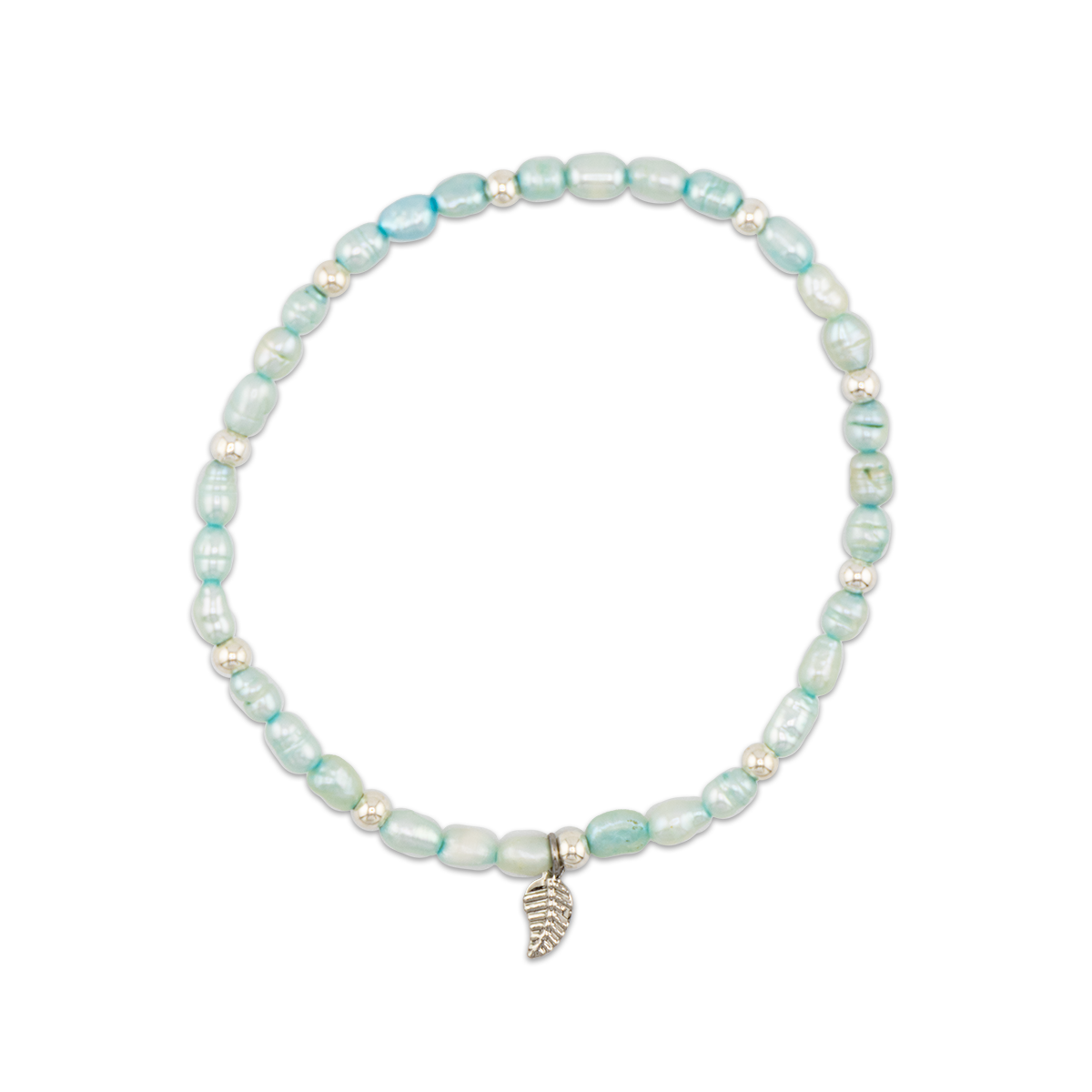 Pearl bracelet with a silver leaf charm on a white background
