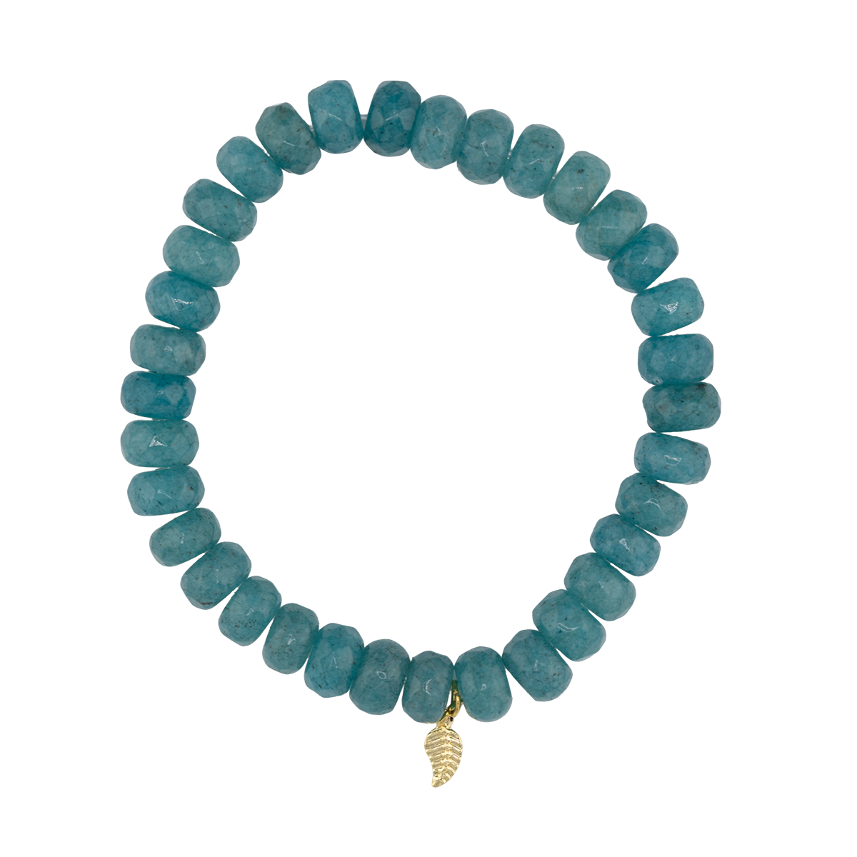 Teal beaded bracelet with a gold leaf charm on a white background