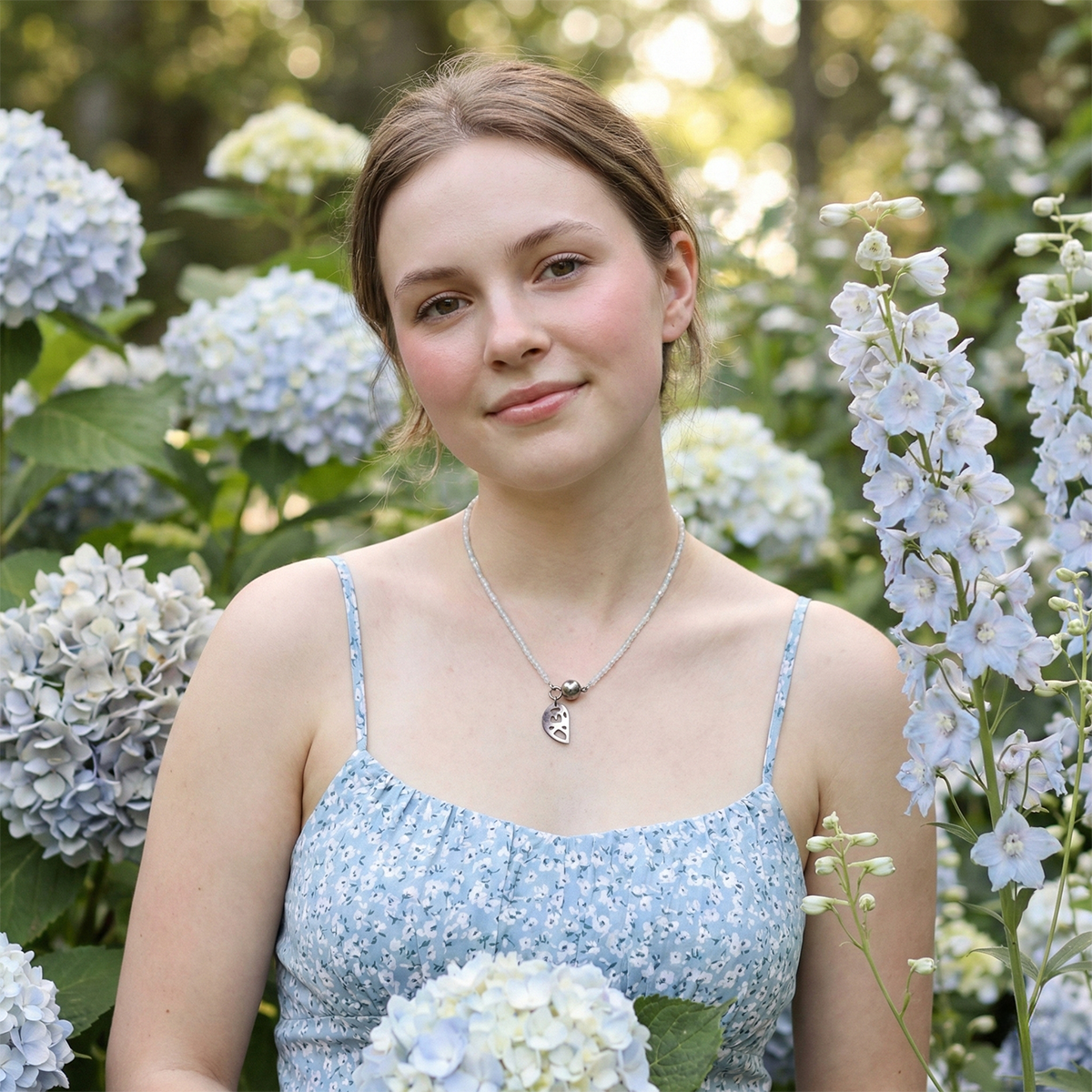 Young woman in a light blue dress standing among white flowers