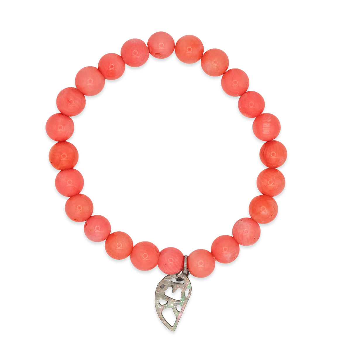 Coral beaded bracelet with a silver heart charm on a white background