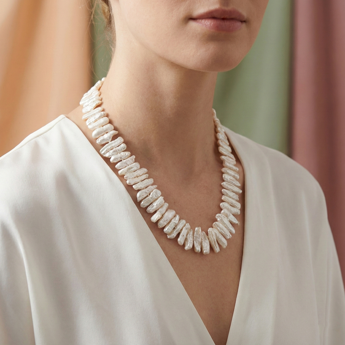 Woman wearing a white necklace against a blurred background