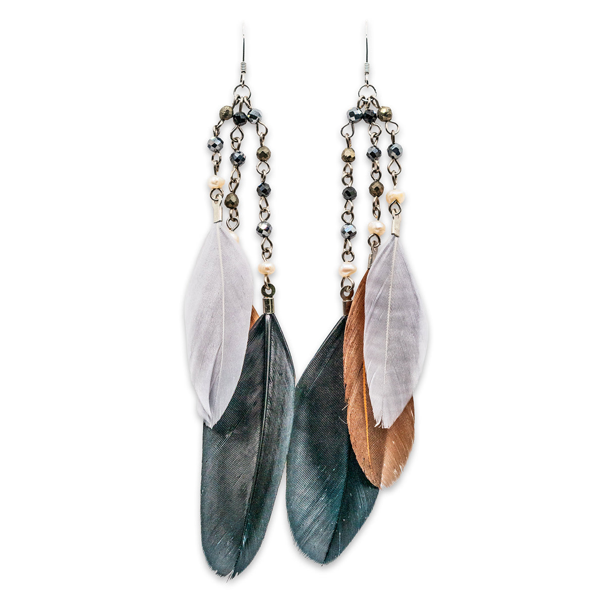 Feather earrings with beads on a white background