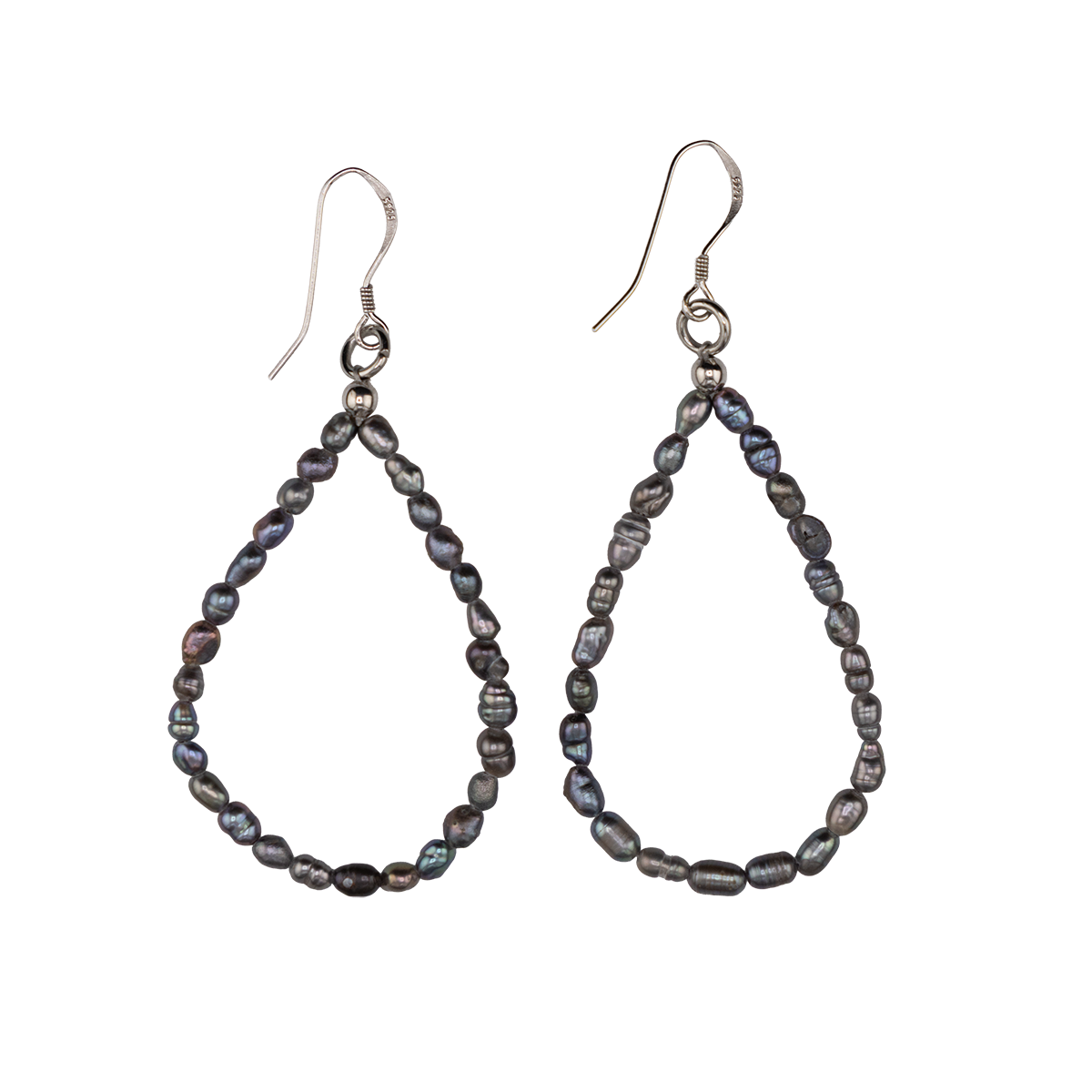 Teardrop-shaped beaded earrings on a white background