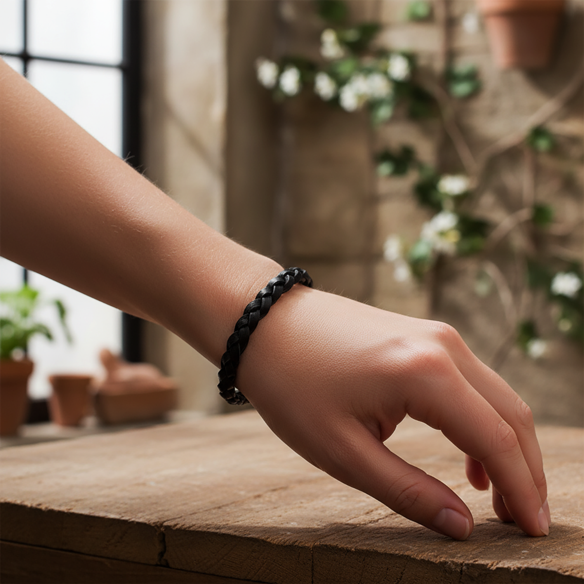 Hand wearing a black braided bracelet on a wooden surface with a blurred indoor background
