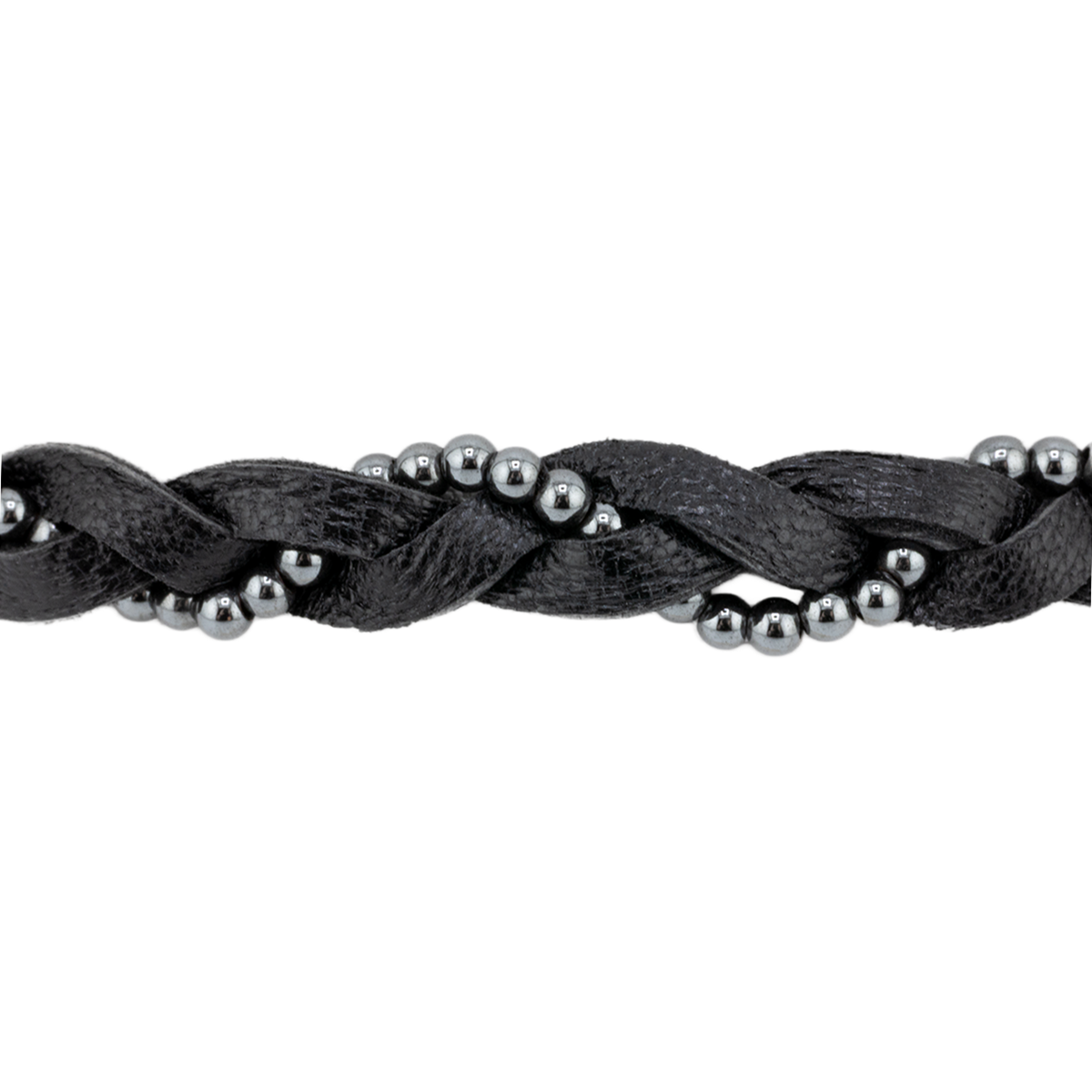 Black braided bracelet with silver beads on a white background