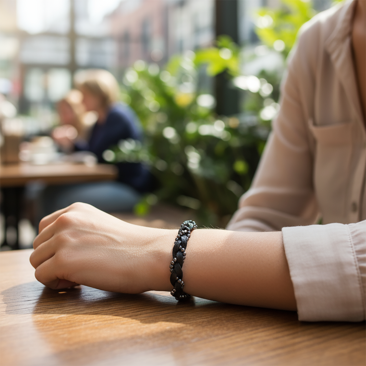 Person wearing a black bracelet on a wooden table with a blurred cafe background