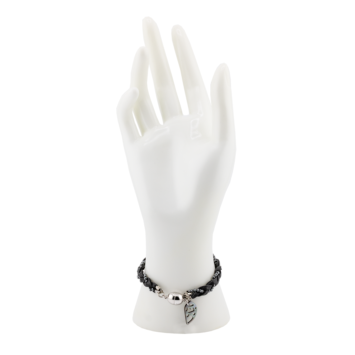 Black beaded bracelet with a silver charm on a white mannequin hand