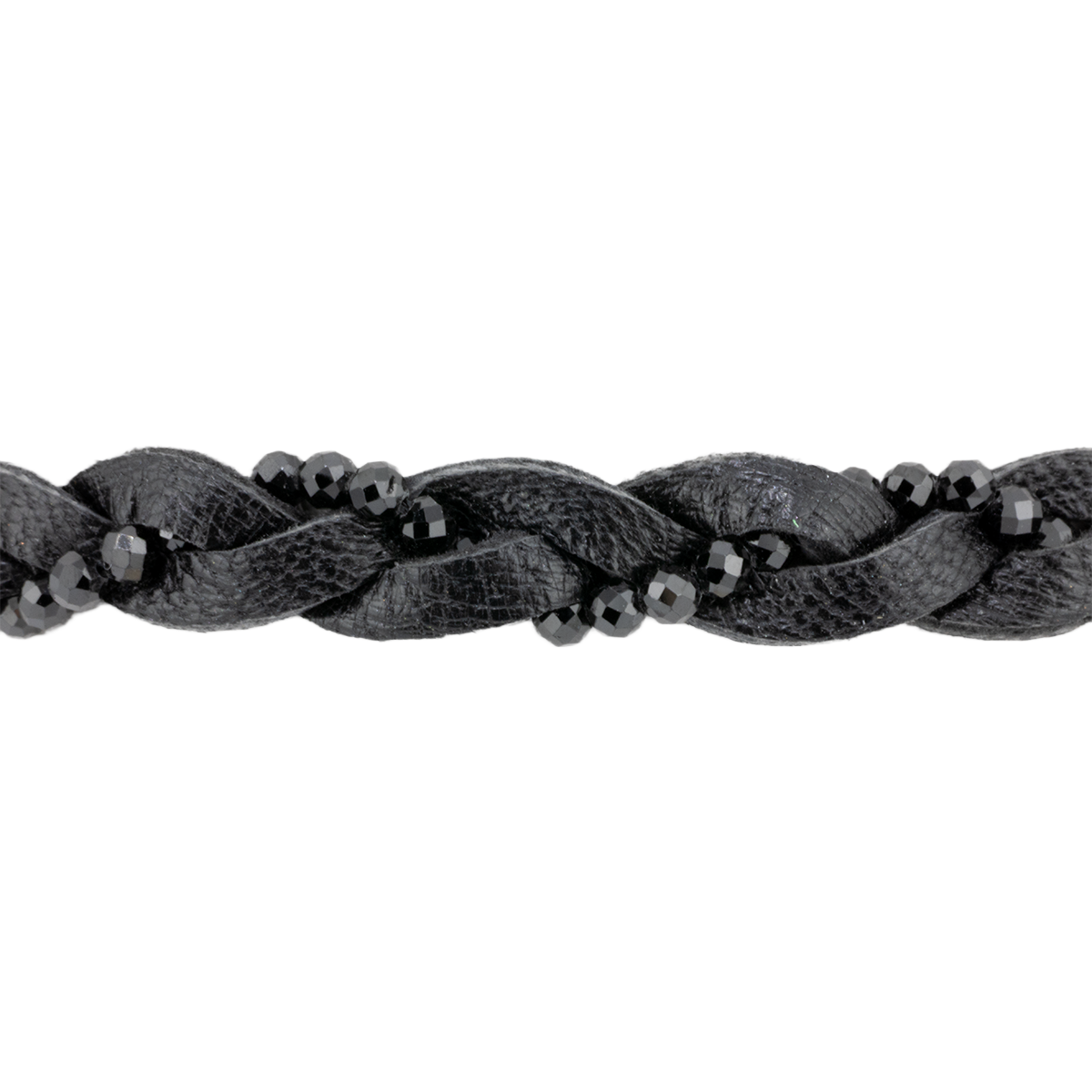 Black braided bracelet with beads on a white background