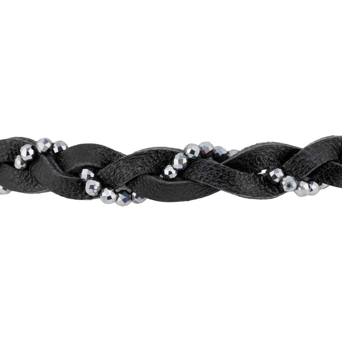 Black braided leather bracelet with silver beads on a white background