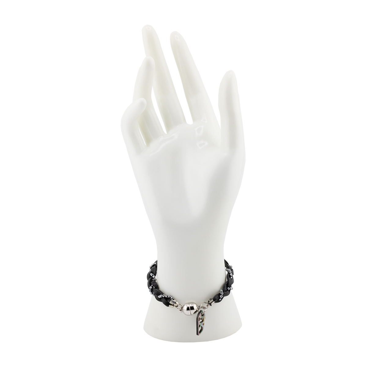 Black beaded bracelet on a white mannequin hand against a white background